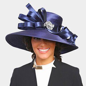 Elegant Dressy Hat Ribbon Rhinestone Accent Derby Church Brunch Tea